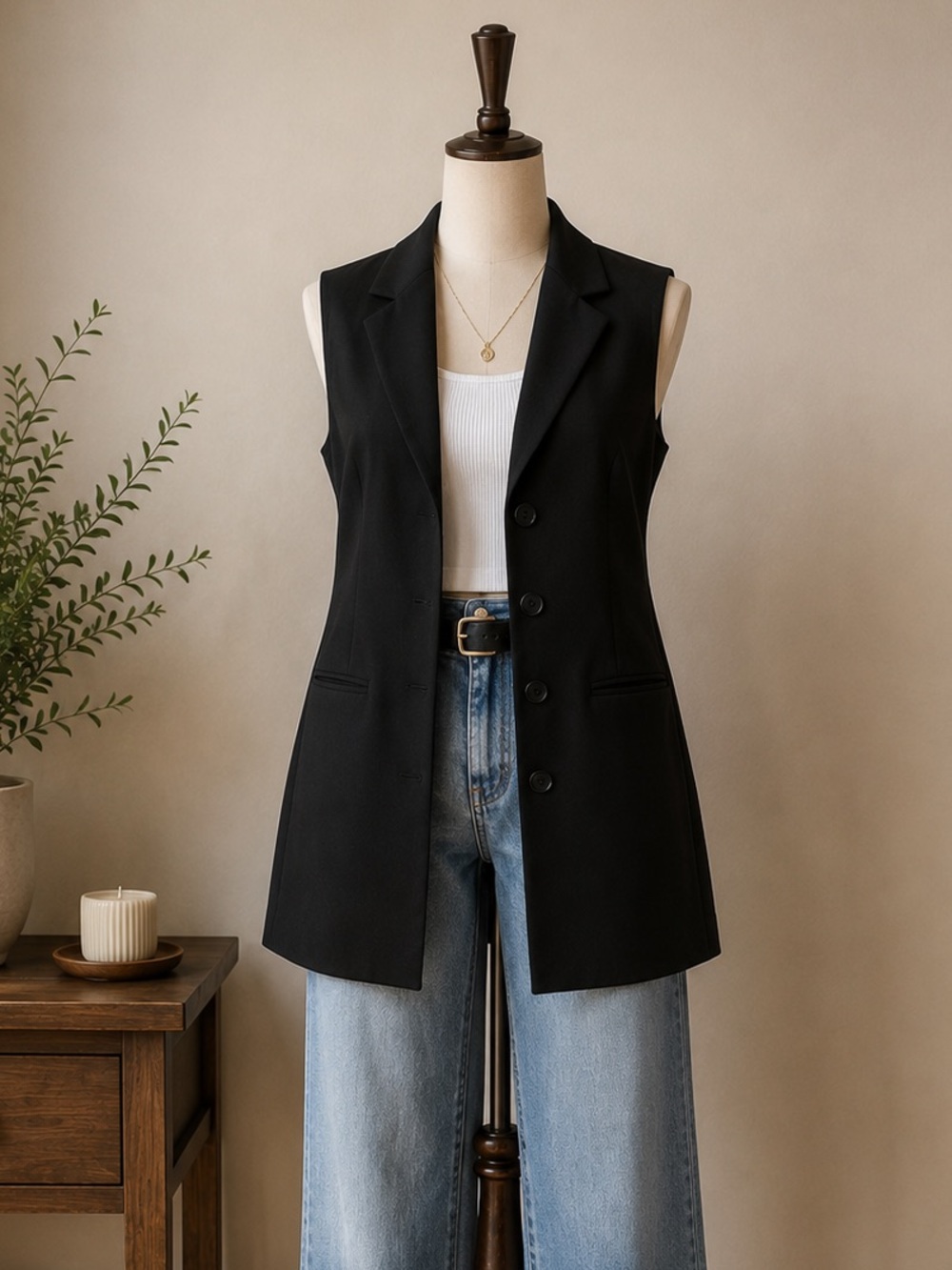 Black Longline Blazer Vest Office Siren Quiet Luxury 90s inspired Tailored Véro